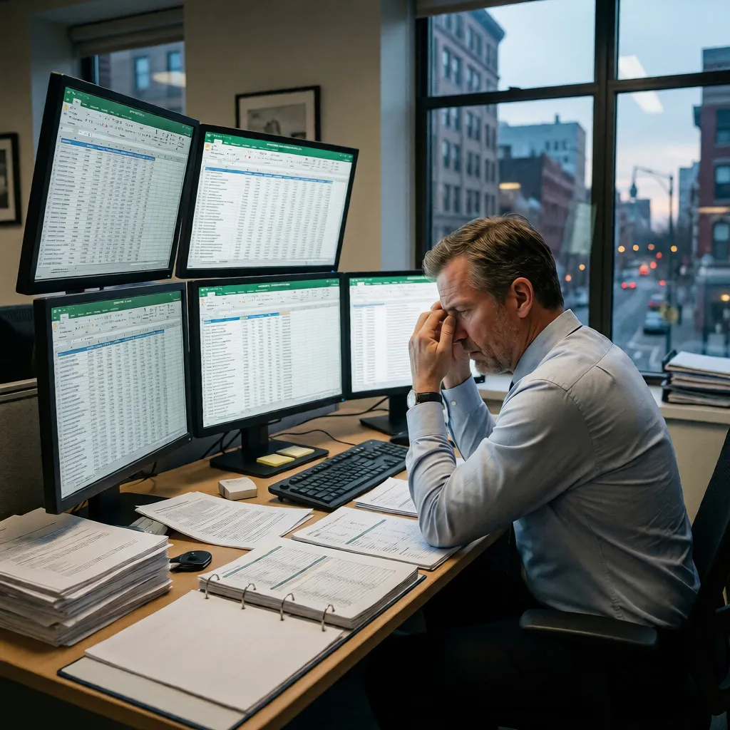 A business owner looking stressed while working with several spreadsheets